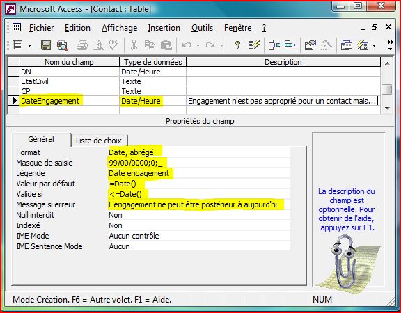 Cr&eacute;ation du champ Date d'engagement