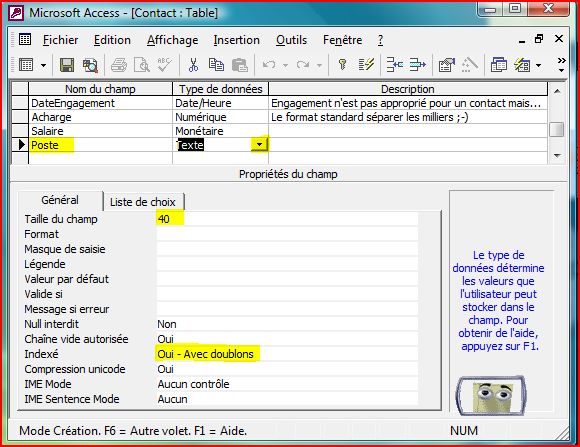 Cr&eacute;ation du champ Poste