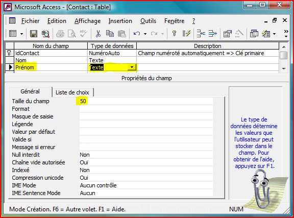 Cr&eacute;ation du champ Pr&eacute;nom