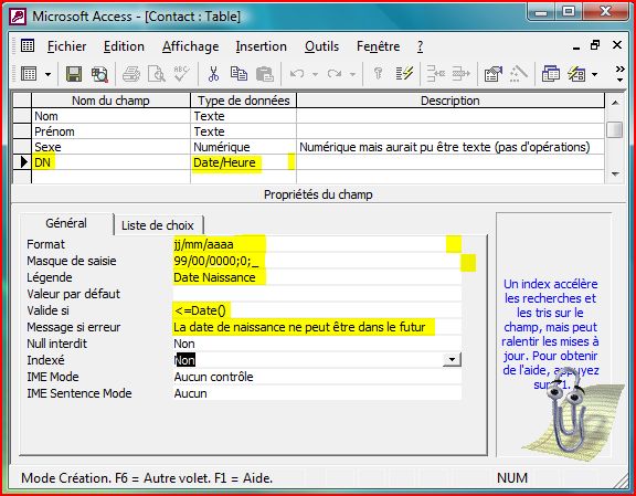 Cr&eacute;ation du champ Date de naissance