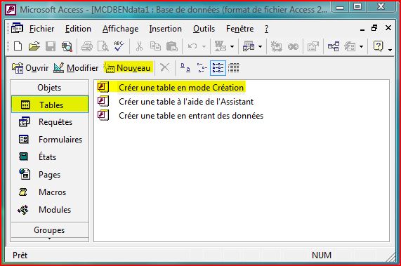Cr&eacute;er 1 table