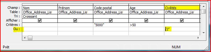(Cp5000 + Age>50) ou alors Civilit&eacute;s=2