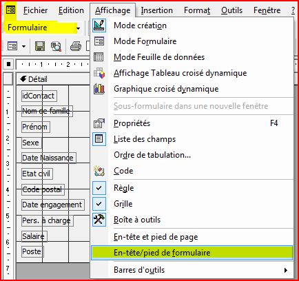 Menu pour afficher l'en-tête de formulaire