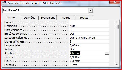Les propriétés de la liste déroulante pour l'onglet Format